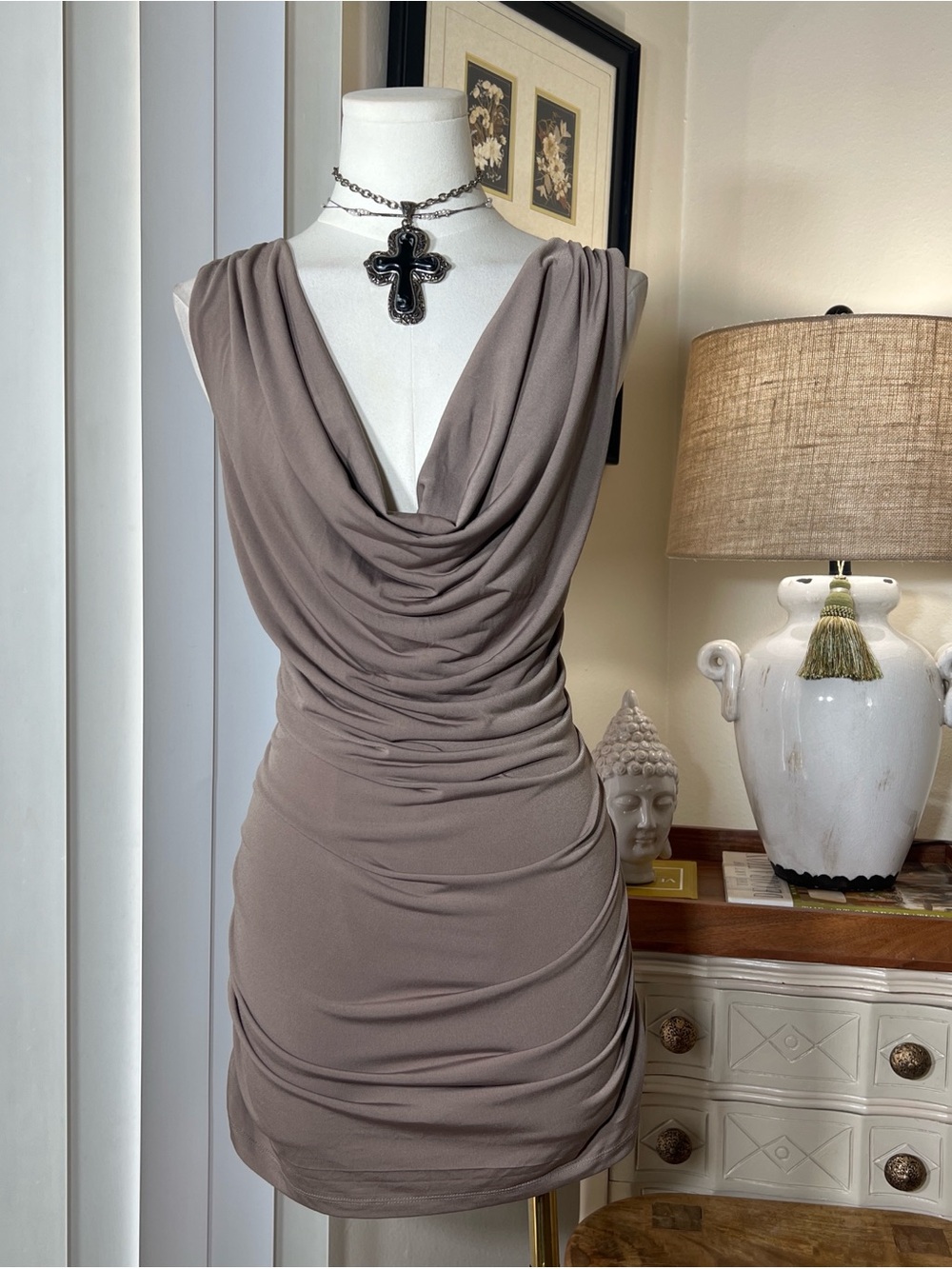 Dots Taupe Draped Cowl Neck Ruched Mini Dress